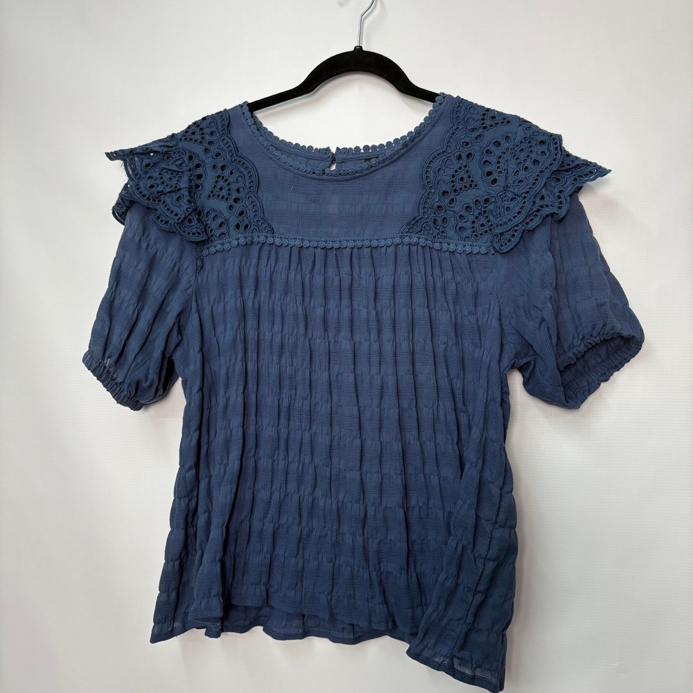 Liv Los Angeles Blue Cotton Eyelet Lace Ruffle Puff Sleeve Blouse XL Romantic